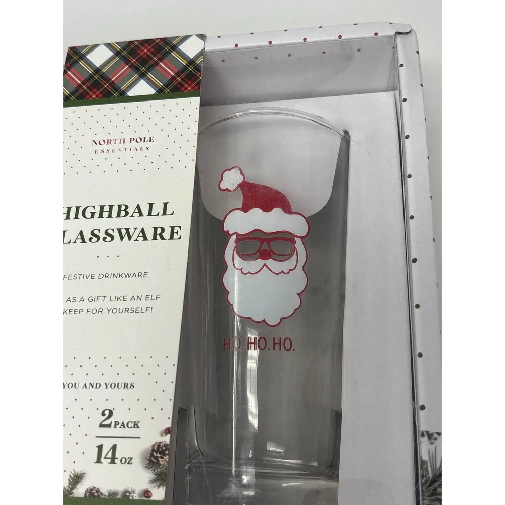 North Pole Essentials Christmas Highball Glasses 2 Pack 14oz Santa Reindeer New
